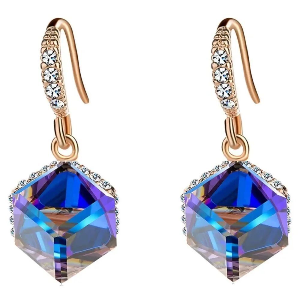 14K Rose Gold with Midnight Blue AB and Diamond Austrian Crystal Cube Earrings